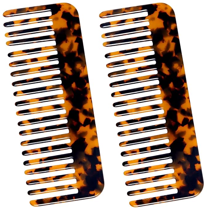 Fsmiling Wide Tooth Comb Large Detangling Comb Cellulose Detangler Comb for Women Thick Curly Wavy Wet Dry Hair 2 Pack,Tortoise shell