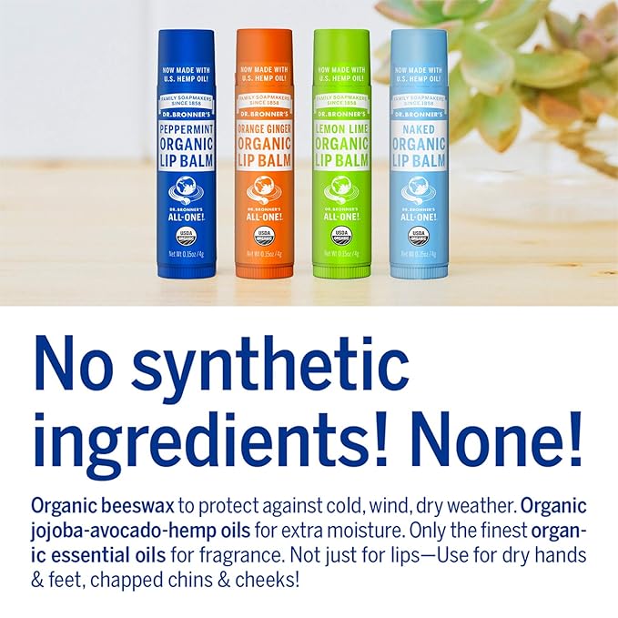 Dr. Bronner’s Organic Lip Balm 6-Pack (.15oz) Natural, Moisturizinging, Petroleum-Free Lip Balm with Beeswax & Avocado Oil for Dry Lips, Men & Women - Lemon Lime