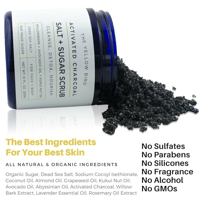 Natural Activated Charcoal Body & Face Scrub. Exfoliating Dead Sea Salt & Sugar Scrub. Deep Cleansing Pore Minimizer. Anti Cellulite, Acne, Blackhead, Scars, Wrinkle Treatment.