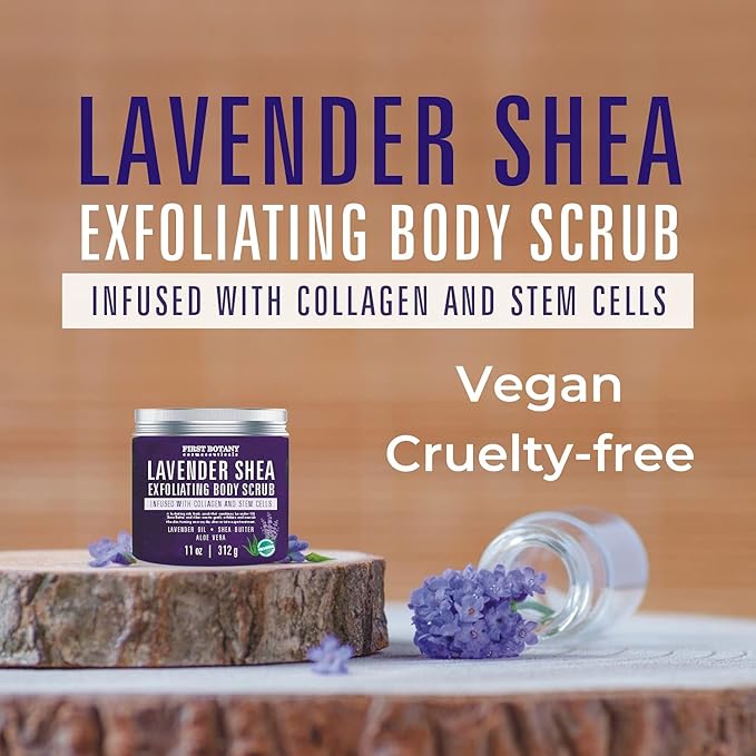 First Botany Body Scrub - Natural Exfoliating Salt Scrub & Body and Face Souffle helps with Moisturizing Skin, Acne, Cellulite, Dead Skin Scars, Wrinkles (10 fl oz, Lavender)