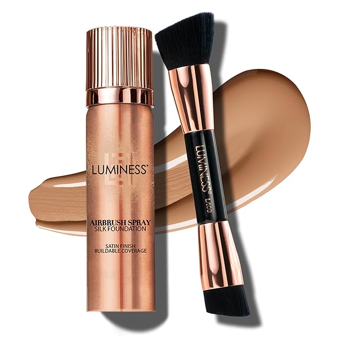 LUMINESS Silk Airbrush Spray Foundation & Buffing Brush Kit – Full Coverage Foundation & Dual-Sided Buffing Brush - Buildable Coverage, Anti-Aging Formula Hydrates & Moisturizes (Shade - Warm)
