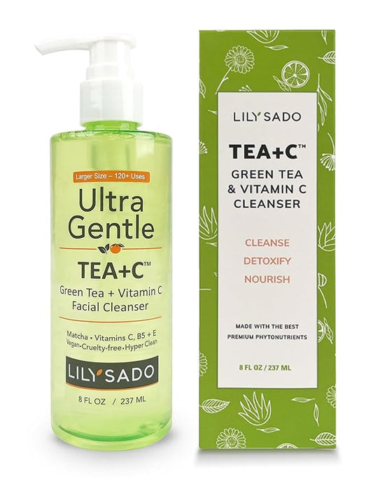 LILY SADO TEA+C™ Green Tea & Vitamin C Face Cleanser – Natural Vegan Antioxidant Daily Face Wash with Aloe, Rosehip, Meadowfoam - Gentle Deep Cleansing for Acne, Blackheads, Blemishes. 8 oz