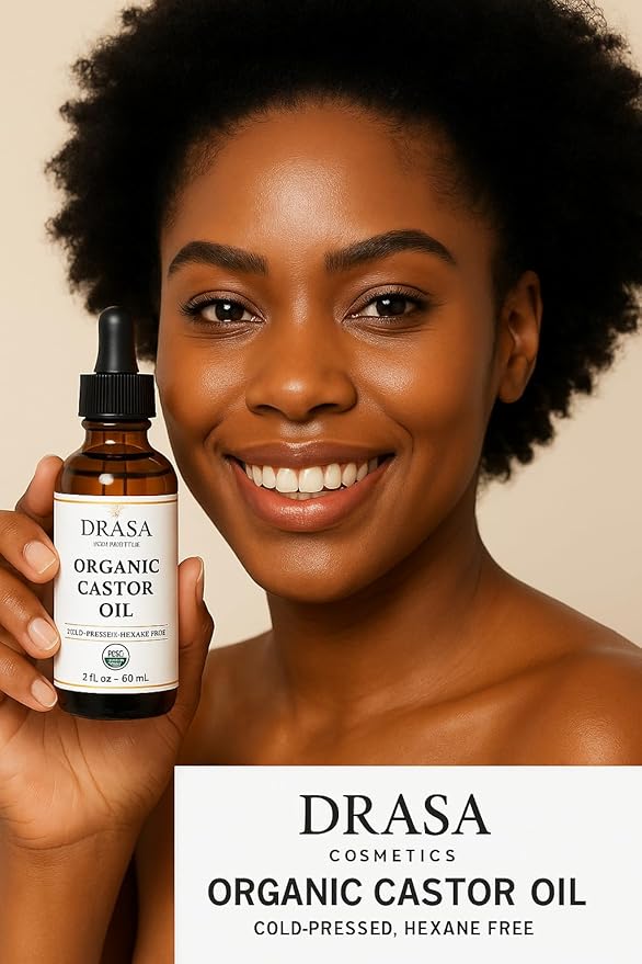 Organic Castor Oil– 100% Pure, Extra Virgin (2oz Glass Bottle), Cold-Pressed, Hexane-Free, Promotes Growth of Hair, Eyebrows & Eyelashes, For Castor Oil Packs, With Free Eyebrow Brush
