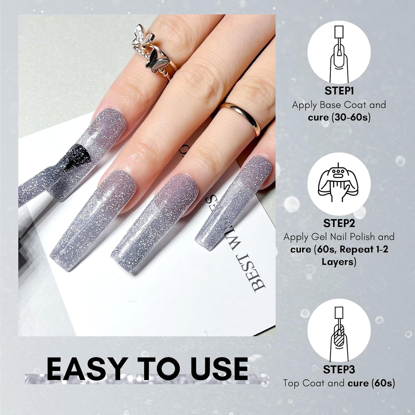 Makartt Glitter Gel Nail Polish - Flash Grey Diamond Reflective Sparkly Gel, UV LED Soak Off for Nail Art Designs, 15ml DIY Home Salon Manicure