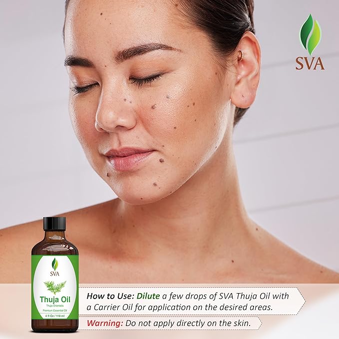 SVA Thuja Essential Oil – 4 Fl Oz – 100% Natural Thuja Oil - for Diffuser, Hair Care, Face, Skin Care, Aromatherapy, Scalp and Body Massage, Soap and Candle Making – with Dropper