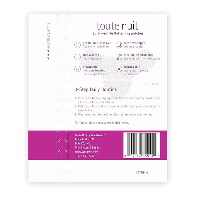 Toute Nuit Wrinkle Patches – Y Shape – Face Tape for Forehead, Between the Eyes & Around Mouth – Hypoallergenic Anti Wrinkle Patches – 20 Count, Made in USA