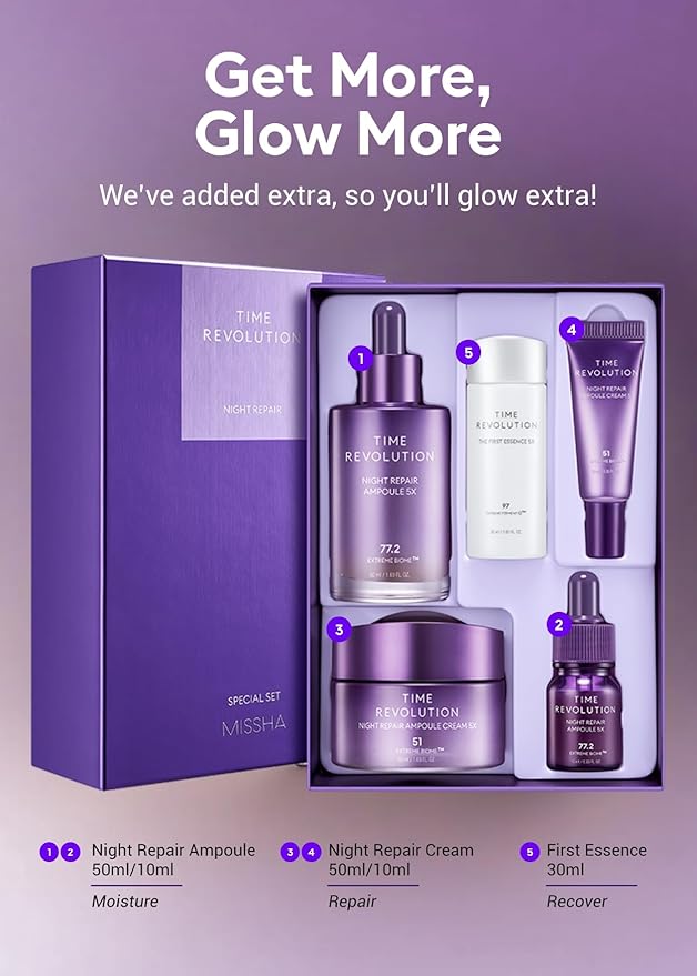 MISSHA Time Revolution Night Repair 5X Gift Set Night Repair Ampoule and Cream 5X, The First Essence 5X for Youthful, Glowing Skin