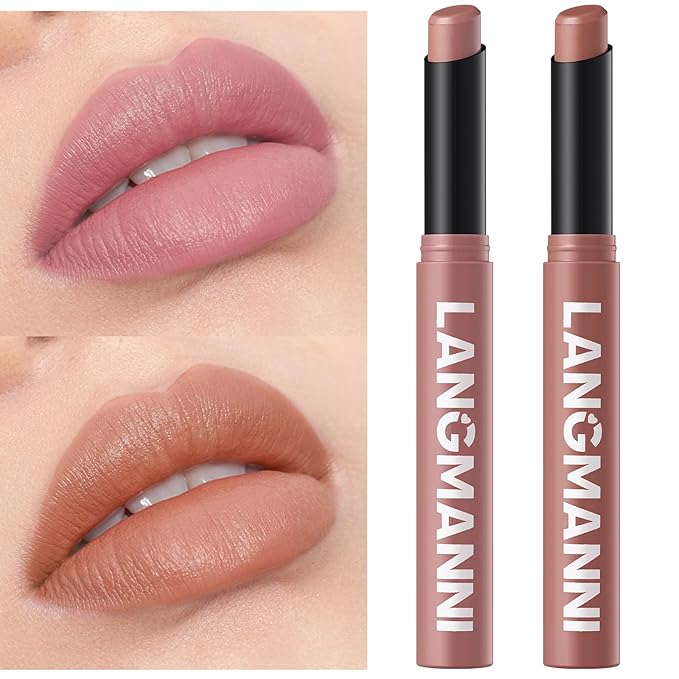 Jolilab 2Pcs Velvet Matte Lipstick Nude Matte Soft Dark Color Stick High Pigmented Long-Lasting Waterproof Lip Stick Lip Balm Beauty Cosmetics Gift for Girls and Women（01#+02#