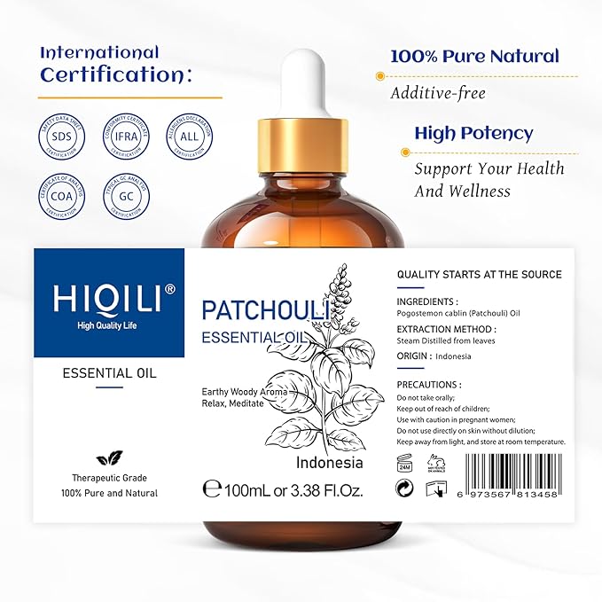 HIQILI Patchouli Essential Oil,100% Pure & Natural for Homemade Perfume, Sooth Skin, Nourish Hair at Home with Diffuser, Gift for Hippie Friend -100ML