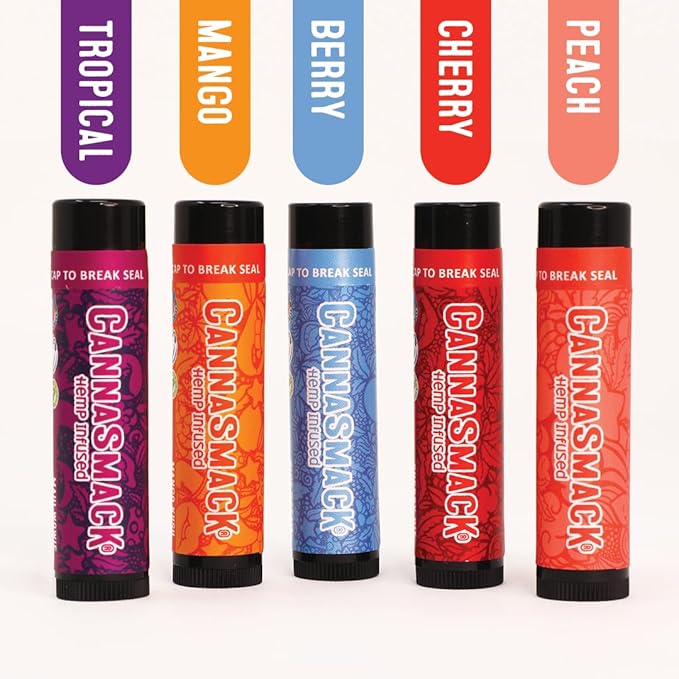 CannaSmack Natural Hemp Lip Balm - Sooth, Protect, & Moisturize Your Lips. 5 Flavors - Mango, Tropical, Peach, Berry, & Cherry - Beeswax, Hemp Seed Oil, Coconut Oil, & Vitamin E - Cruelty Free
