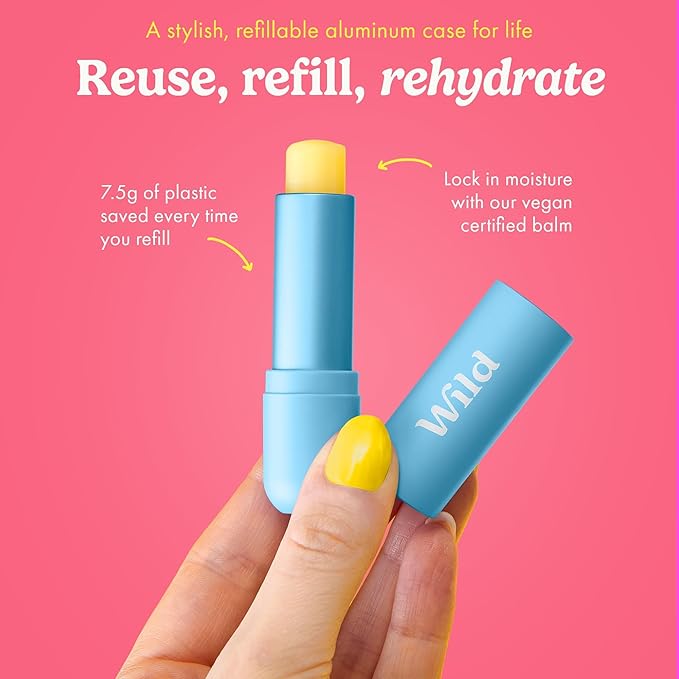 Wild Refillable Lip Balm Starter Kit - Includes Blue Aluminum Case & 3 Pack Lip Balm Refills in a Variety of Scents - Includes Coconut & Vanilla, Passionfruit Swirl & Watermelon Flavors