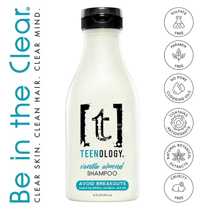 Teenology Shampoo for Teens, For Clear Skin and Healthy Hair, Natural Botanical Extracts, 16 oz. (Vanilla Almond)