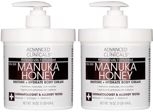 Advanced Clinicals Manuka Honey Body Cream For Women & Men | Body Butter Lotion For Extremely Dry Skin | Collagen Cream | Skincare Moisturizer Hydrating Balm Improves Look Of Aging Skin, 16Oz, 2-Pack