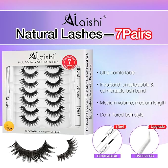 False Eyelashes Kit With Bond, Seal and Tweezer, 7 Pairs Fluffy Natural Look Fake Cat Eye Lashes Strips Thin Band Extensions Waterproof Easy Eyelashes for Beginners DF64