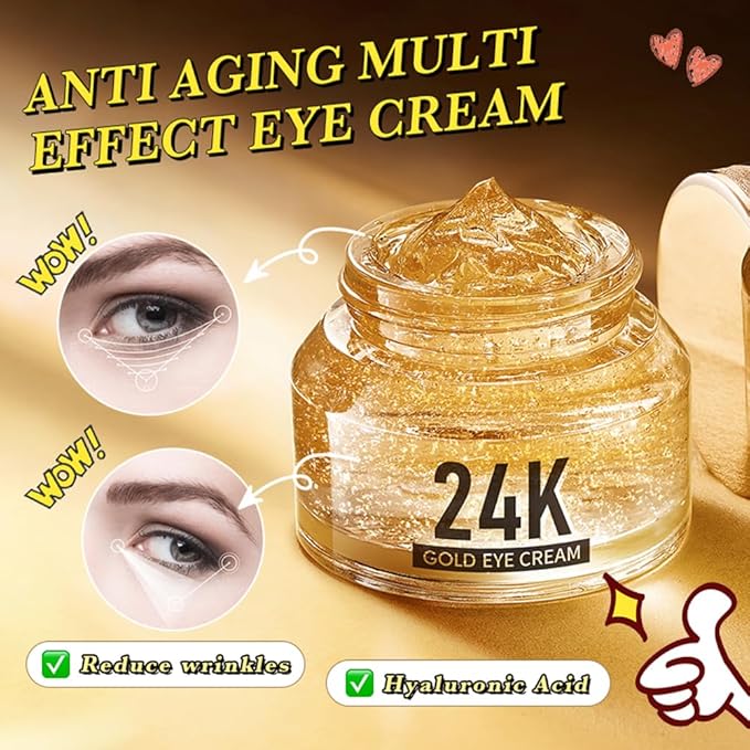 24K Gold Hyaluronic Acid Anti-Aging Multi-Effects Eye Cream - For Dark Circles & Fine Lines - With Hyaluronic Acid & Ingredient Gold, 1.4 Oz