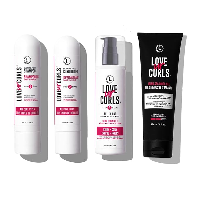 Love Ur Curls - Shampoo, Conditioner, Kinky-Coily All In One Styler to repair, define and hydrate hair and Irish Sea Moss Gel for touchable hold