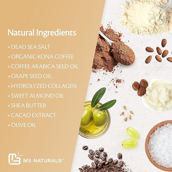 Arabica Coffee Scrub for Hands, Feet, and Body, Exfoliating Scrub with Collagen and Stem Cells, Face Cleanser for Cellulite, Fine Lines, and Stretch Marks, 12oz (1 Pack) by M3 Naturals