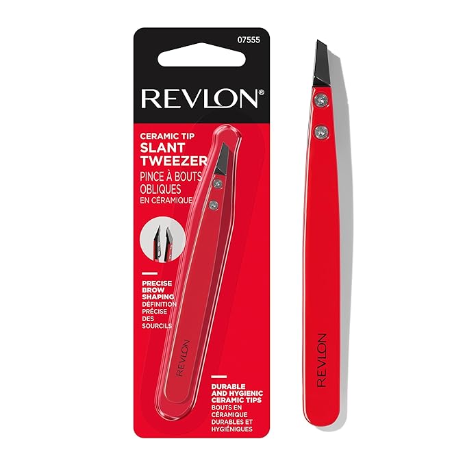 Revlon Ceramic Slanted Tip Tweezers, Precision For Eyebrow Shaping and Fine Hair Removal, Stainless Steel Body, Red, 1 Count
