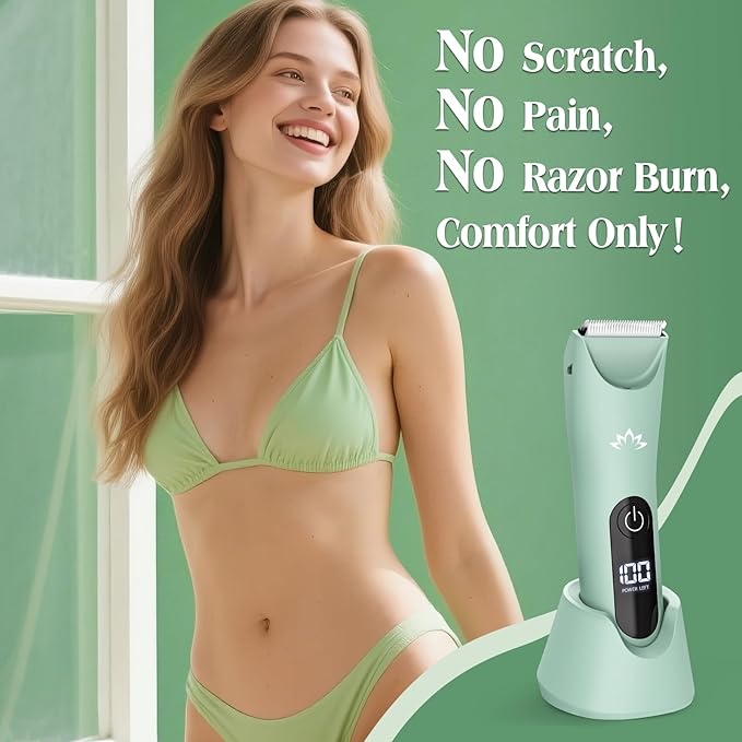 Electric Bikini Trimmer for Women,Electric Razors for Women,Cordless Pubic Hair Trimmer,IPX7 Waterproof & LED Display Mens Ball Trimmers Bikini Shaver for Underarm Leg Arm,Gifts Green