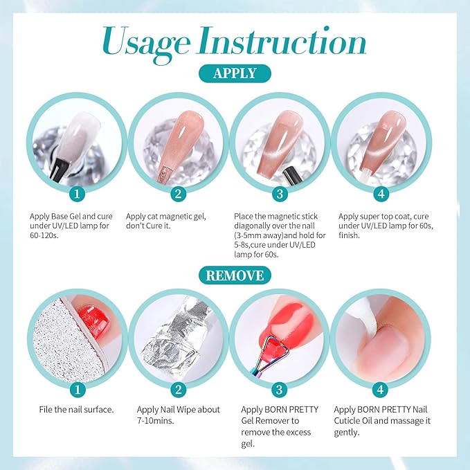 Born Pretty Magnetic Gel Nail Polish Set,Pastel Coral Sea Magnetic Eye Gel Jelly Glass Crystal Magnetic Gel Polish Nail Art Manicure Kit 6PCS