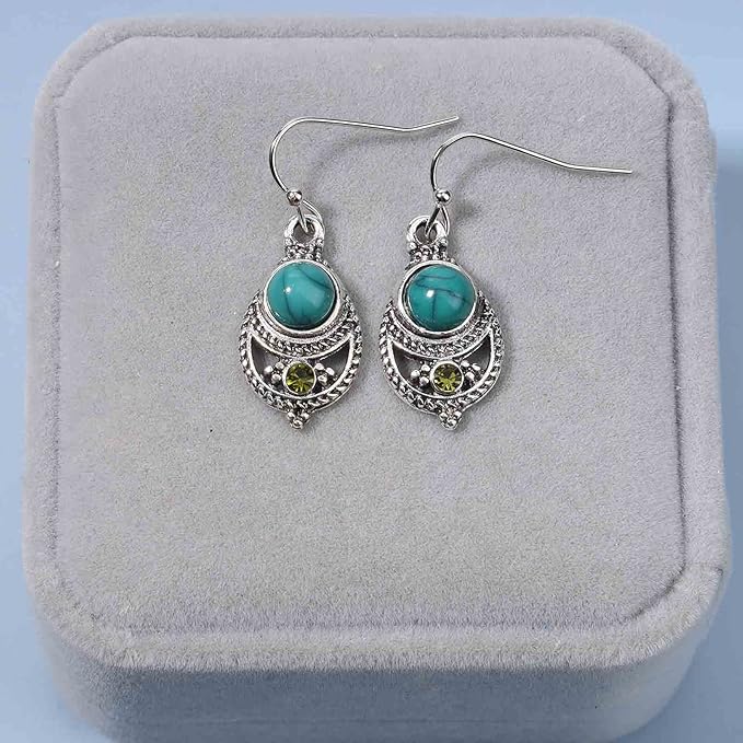 Boho Ethnic Turquoise Drop Earrings Silver Teardrop Turquoise Earrings Gemstone Hook Earrings Retro Drop Dangle Earrings Jewelry for Women and Girls