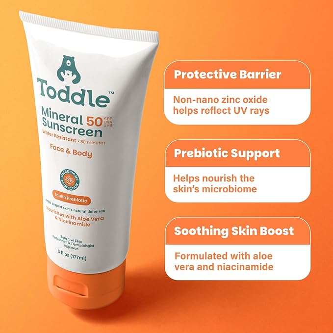 Prebiotic Mineral Sunscreen SPF 50 for Kids & Baby, Face & Body Sun Protection, Reef Safe, Non-Toxic Zinc Oxide Broad Spectrum, Water-Resistant, No White Cast, Travel Size 1.7oz
