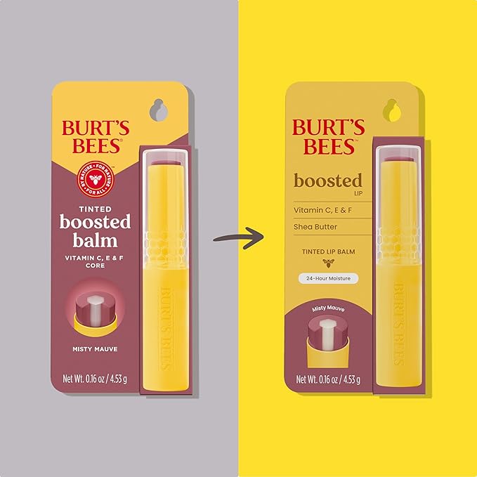 Burt’s Bees Back To School Gift Ideas, Tinted Boosted Balm, Misty Mauve, Hydrating Tinted Lip Balm with Vitamin C, E, and F Core, 24 Hour Lip Moisturizer, 100% Natural Origin, 1 Count, 0.16oz