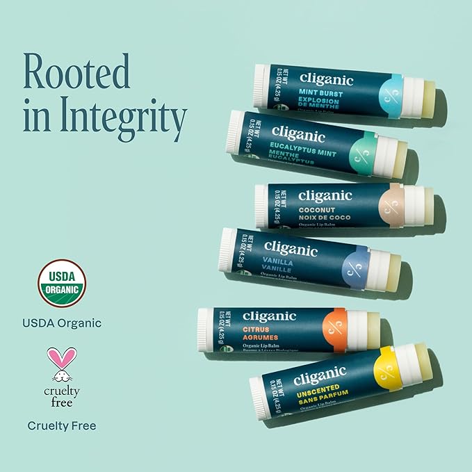 Cliganic Organic Lip Balm Set (4 Packs of 6 Tubes), 100% Natural Moisturizer for Cracked & Dry Lips (Packaging May Vary)