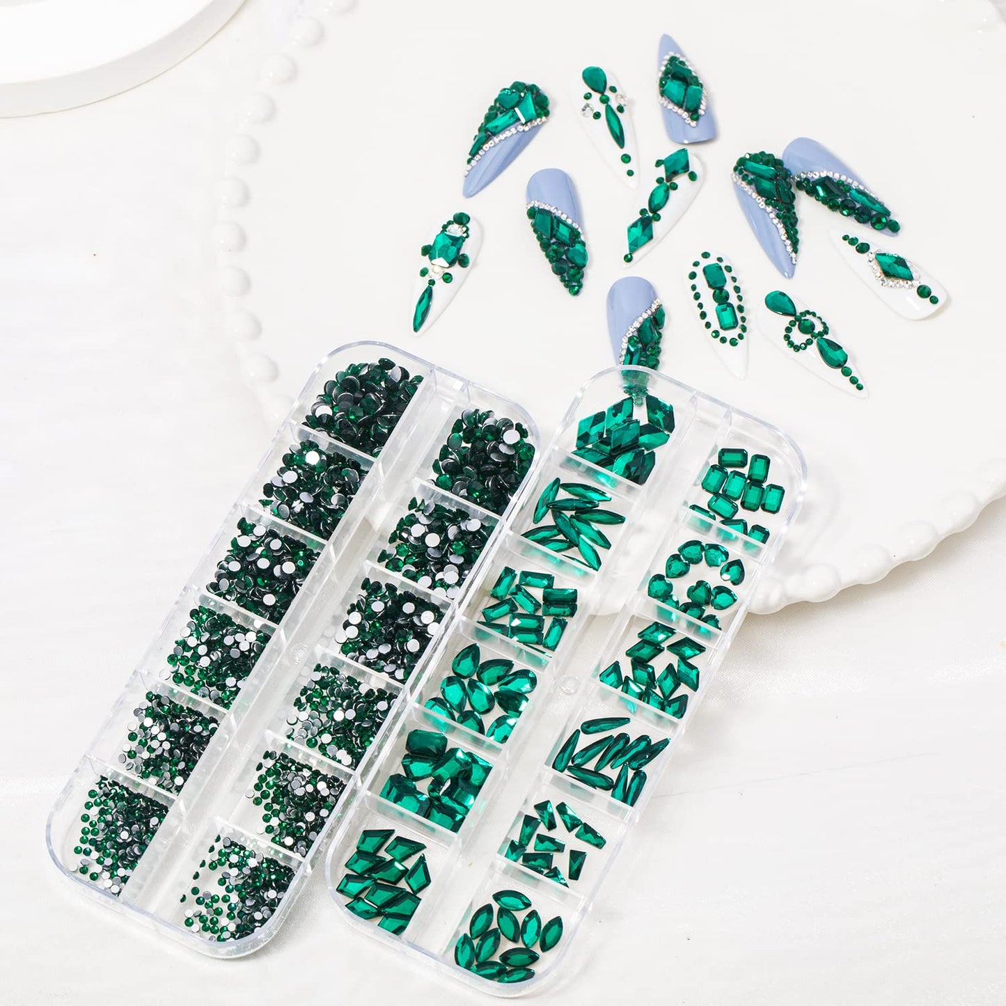 HNUIX Nail Rhinestones - 3D Multi Shape Size, Emerald Green Nail Gems, Flat Back, with Kit, for Nail Art, DIY Decorations