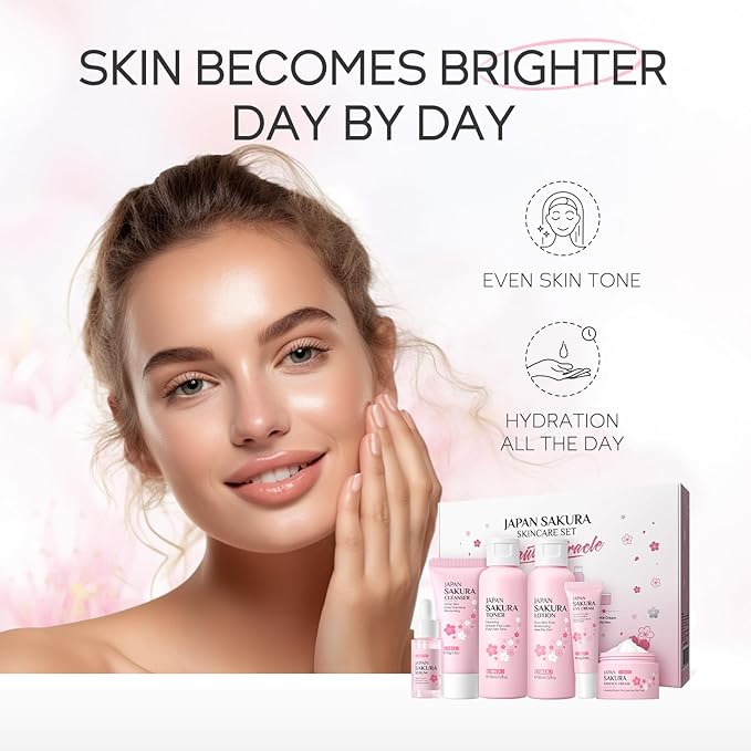 Skin Care Set JAPAN SAKURA Women Beauty Gift Sets Skin Care Kit with Cleanser, Toner, Lotion, Serum, Eye Cream, Face Cream Travel Kit for Women Teen Girls Mom Daughter TSA-friendly Sizes 6pcs
