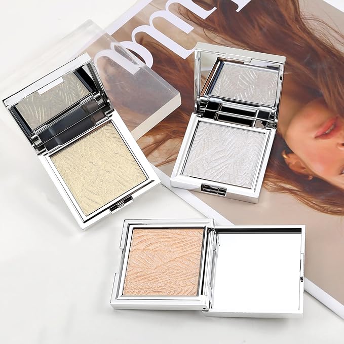 Boobeen Highlighter Makeup Highlighter Powder Palette, Shimmer Illuminator Highlight Contouring Palette Come with Mirror, Long Lasting Glow Defining the Face and Body