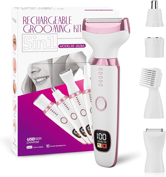 RUIM Bikini Trimmer for Women, 5 in 1 Electric Razors for Shaving, Waterproof Rechargeable Pubic Hair Trimmer with LED Display, Pink