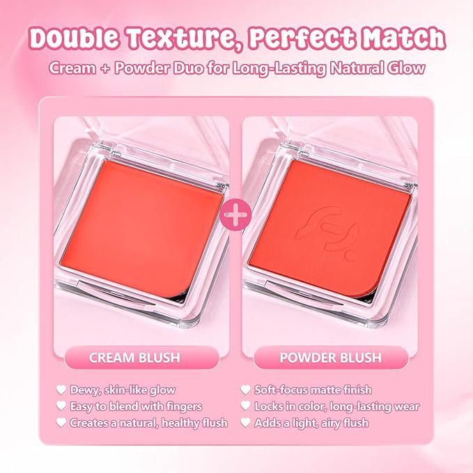 Blush Palette Duo – Cream & Powder Blush Set in Orange Red, Long-Wearing & Moisturizing, Easy to Blend, Radiant Coverage for Cheeks, Eyes & Lips, Magnetic Palette Compatible (2-Pack, Cherry Rush)