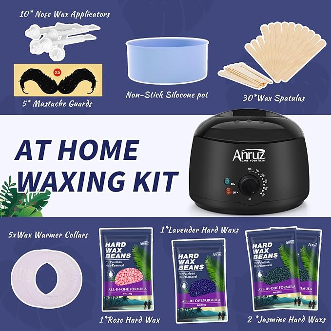Waxing Kit for Women Men - Wax Kit for Hair Removal with Silicone Bowl,4 Bags Hard Waxing Beads and 30 Sticks - at Home Use Wax Warmer for Full Body, Bikini, Eyebrow, Face, Sensitive Skin