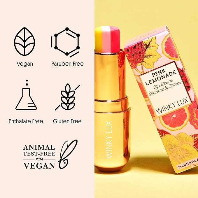 Winky Lux Pink Lemonade Tri-Color Tinted Lip Balm – Lip Care with Jojoba Oil & Vitamin E, Sheer Tint, Juicy Citrus Scent, Softens and Hydrates Dry Lips