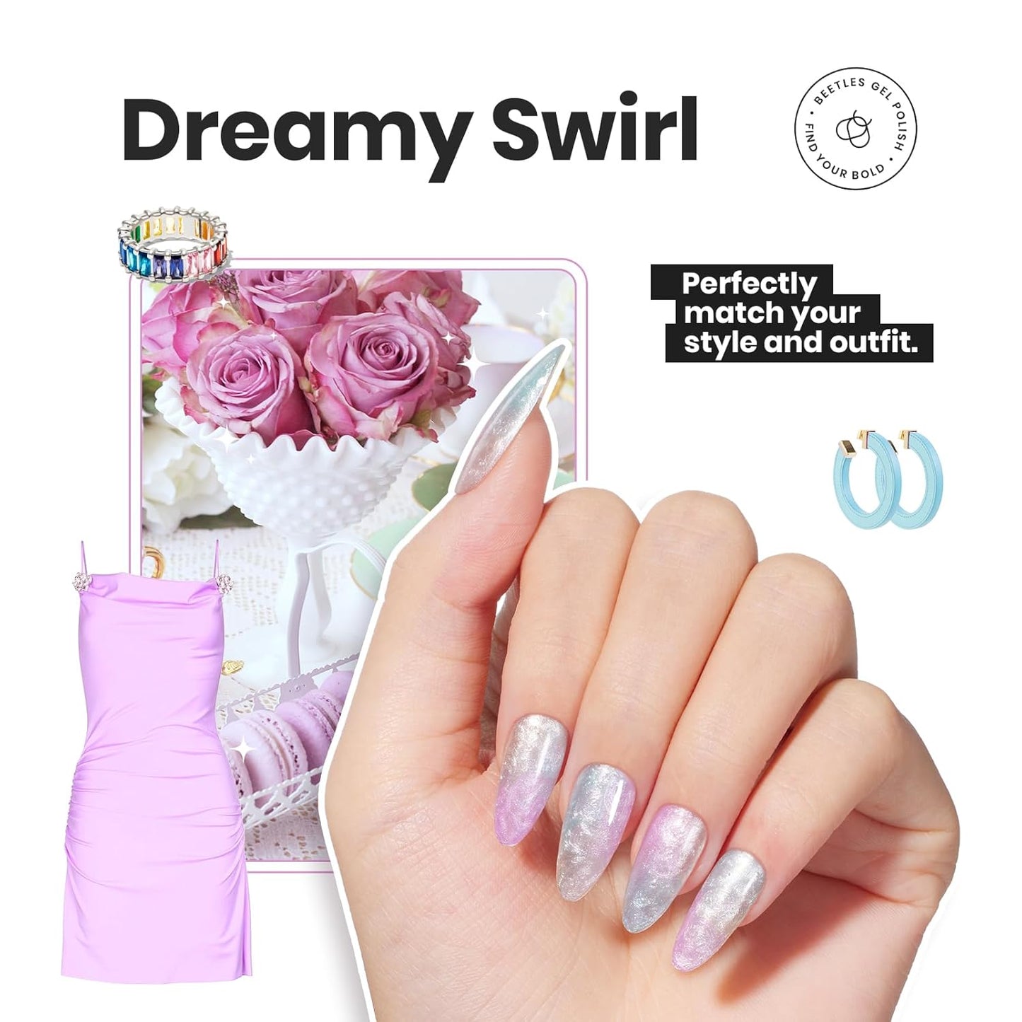 Beetles Nail Polish Set, 6 Colors Pearl Nail Polish Kit Pastel Pearl Shimmer Pink Orange Blue Green Dreamy Swirl Quick Dry Fingernail Polish Gifts for Women Salon DIY Manicure Kit