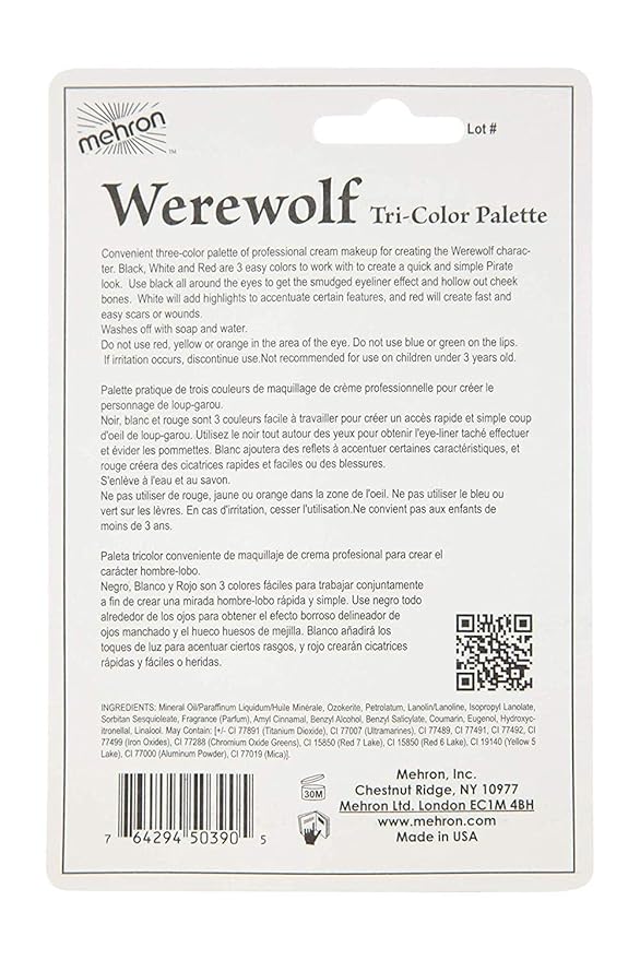 Mehron Makeup Tri-Color Character Makeup Palette | Halloween, Special Effects and Theater Cream Makeup FX Palette | Face Paint Makeup .7 oz (20 g) (WEREWOLF)