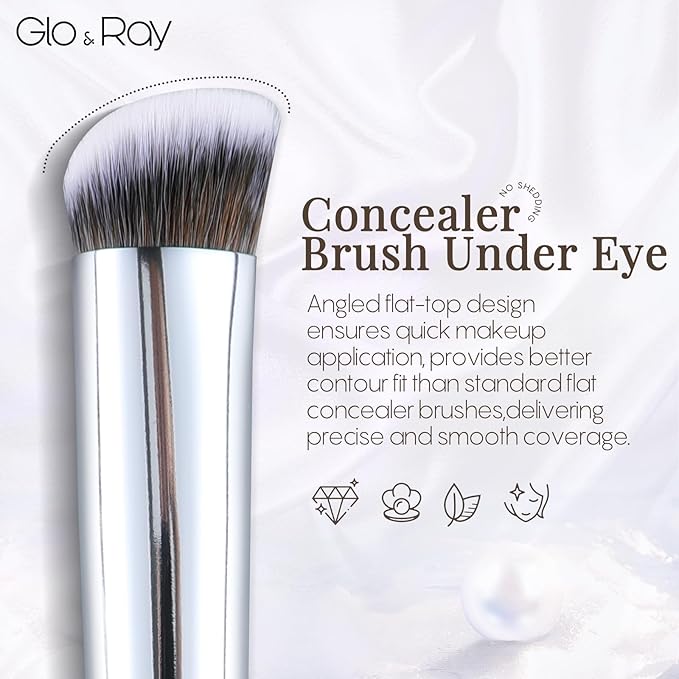 GLO&RAY Concealer Brush Under Eye - Makeup Brush Angled Flat Teardrop, Nose Contour for Powder Pro Concealing Blending for Liquid & Cream Cosmetic, Foundation Brushes Small With Dust Cover (White)