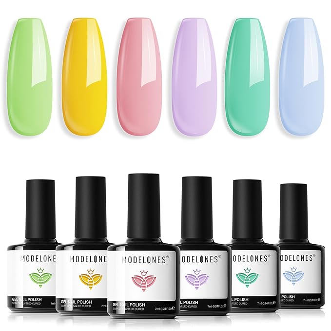 modelones Spring Gel Nail Polish Set, 6 Colors Pastel Yellow Green Pink Purple Blue Shades Pale Macaron Light Colors Nail Art Gel Design for Women Girl Nail Lovers Gift Salon DIY