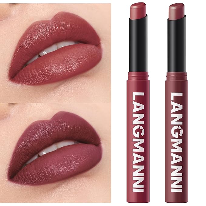 Jolilab 2Pcs Velvet Matte Lipstick Nude Matte Soft Dark Color Stick High Pigmented Long-Lasting Waterproof Lip Stick Lip Balm Beauty Cosmetics Gift for Girls and Women（11#+12#