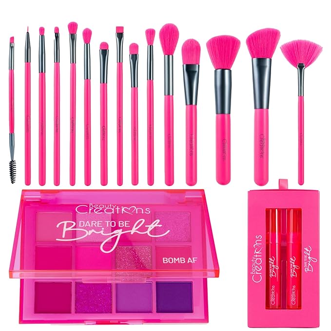 Beauty Bundle Beauty Creations Dare To Be Brights Collection Bomb AF 12 color eyeshadow palette, Lip Set & 15pc Brush Set and Pouch Enclosed in Hot Pink Box