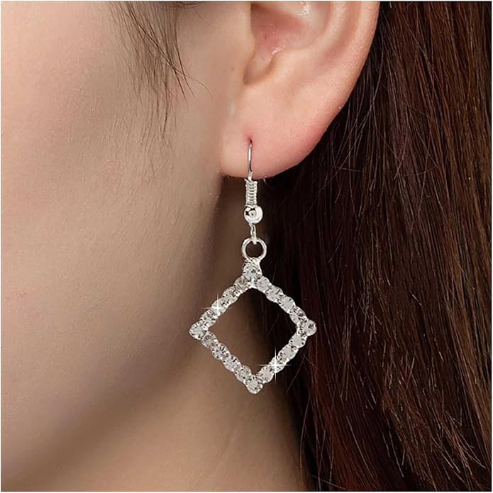 Vintage Crystal Square Drop Earrings Rhinestone Square Dangle Earrings Hollow Square Hook Earrings Silver Sparkly Cz Square Earrings Jewelry for Women