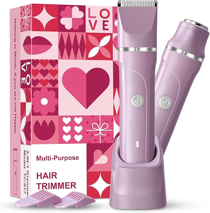 Dermave Bikini Shaver - 2 in 1 Waterproof Bikini Trimmer for Women Cordless Electric Razors for Women, Dry/Wet Use for Bikini, Armpit, Face, Rechargeable Shaver with Detachable Head, Pearl Purple