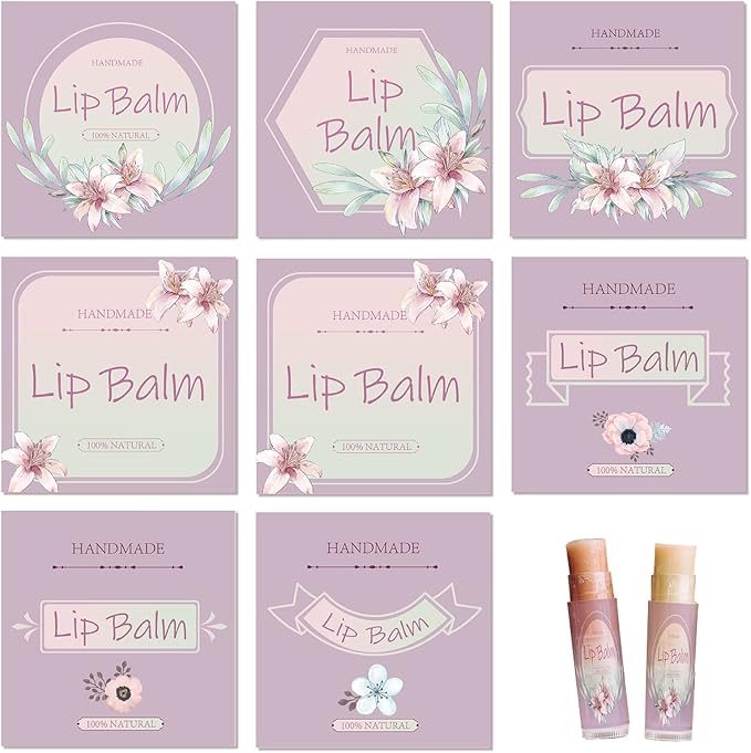 CRASPIRE Lip Balm Labels 80pcs Homemade Lip Balm Labels 2” Clear Lip Balm Labels for Tubes Printable Waterproof Lip Balm Stickers Labels for Lip Balm Handcream Candle Container（Flowers-Pink Purple）