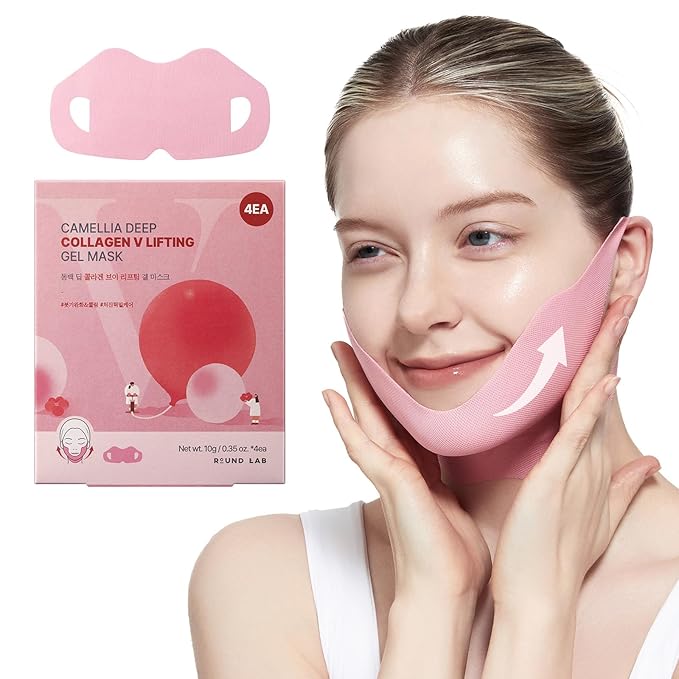 ROUND LAB Camellia Deep Collagen V Lifting Gel Mask 4EA | Double-chin Mask, Instant Cooling & Depuffing, Face Toning Belt, Collagen V-line, Improves Sagging Skin, Lifting & Firming 10g/0.35oz