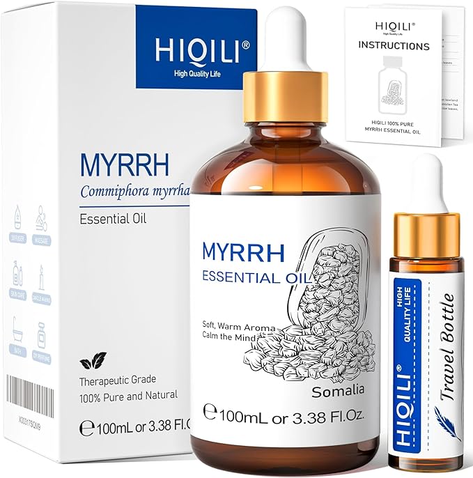HIQILI 100ML Myrrh Essential Oil for Skin, Diffuser & Candle, 100% Pure and Natural - 3.38 Fl Oz