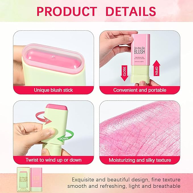 Multi-Use Makeup Blush Stick, Cream Blush Stick, Tinted Solid Moisturizer Stick for Cheek & Eyes & Lips, Waterproof Natural Nude Makeup, Suitable for All Skin (2#Hot Red)