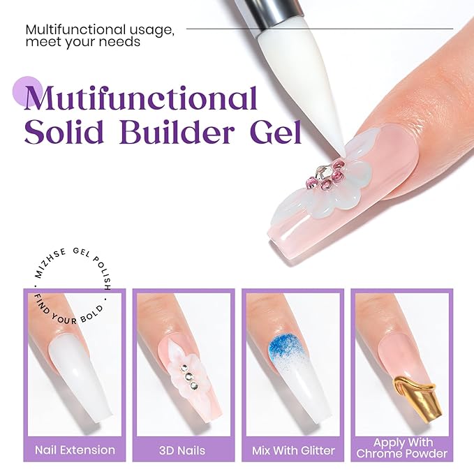 MIZHSE Solid Builder Gel for Nails, 60g White 3D Gel Nail Art Sculpting Non-Sticky Carving Hard Extension Soak Off UV LED for Salon Manicure Home DIY