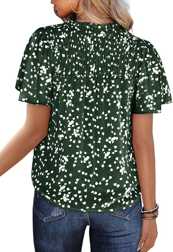 SHEWIN Women's Casual V Neck Floral Print Smocked Short Sleeve Chiffon Blouses Bohemian Top Shirts
