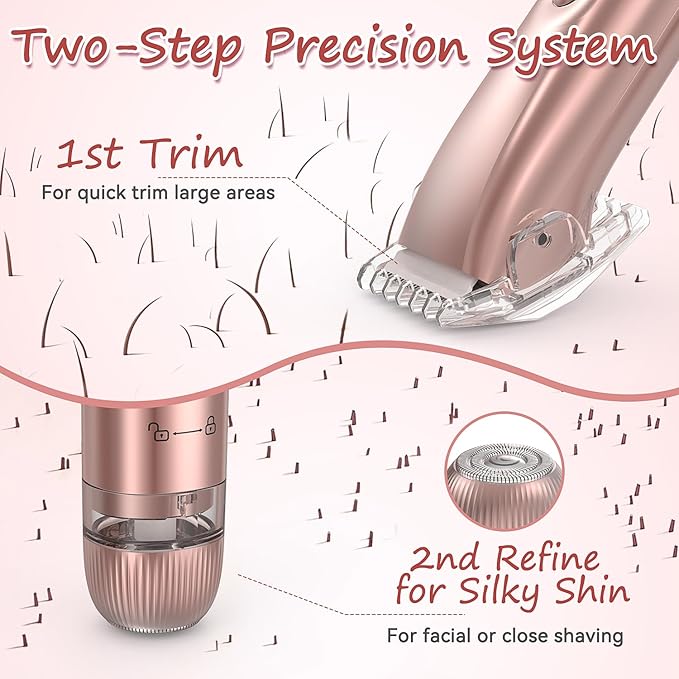 Bikini Trimmer for Women - 2 in 1 Electric Body Hair Trimmer for Silky Skin, Cordless Body Shaver for Travel, IPX7 Waterproof & Easy to Clean, Replaceable Ceramic Blade Heads, Rose Gold
